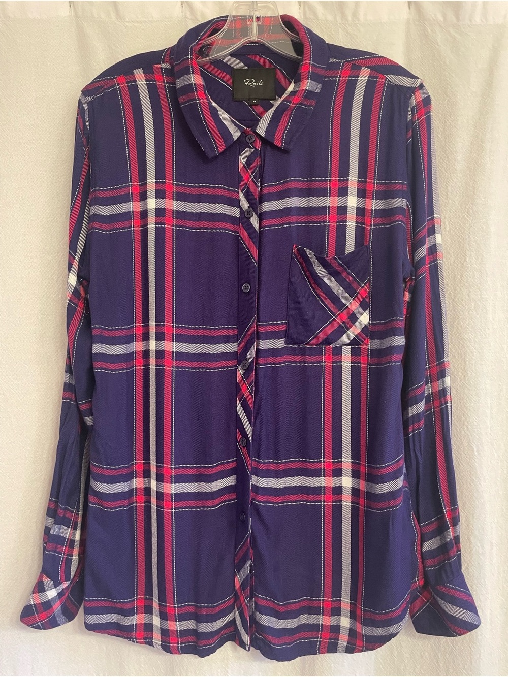 Rails Purple Plaid Button-Down Shirt with Pink & White Accents, size Medium